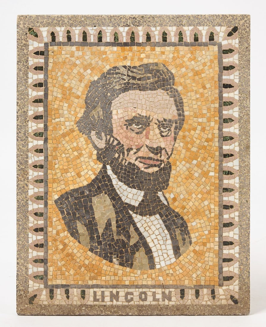 Tile Mosaic Portrait of Abraham Lincoln: ortrait of Abraham Lincoln in tile mosaic. American, circa 1930. H 24-1/4 in. W 18-3/4 in. 