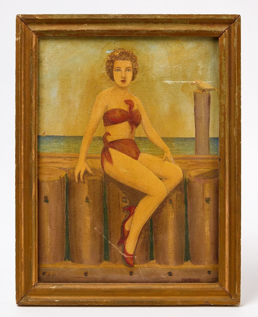 Edson Fairman - Portrait of a Bathing Beauty: Edson Fairman (unknown), portrait of a bathing beauty in a red hand-tied swimming outfit and red heels, positioned on a boardwalk. Oil on artist board. Signed 'FAIRMAN' to LR. Original frame.