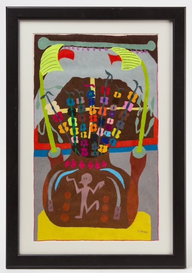 Two Outsider Art Works on Paper, Signed "Frankie" and "Dean": Two Outsider Art Works on Paper, comprising: Outsider art depicting a vase of flowers in front of a curtain. Crayon, colored pencil, or pastel pencil on paper. Signed 'Frankie' in LR corner;