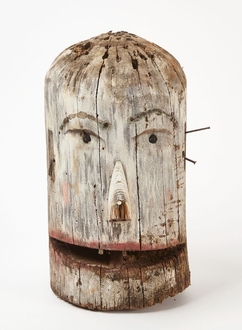 Folk Art Totem Head: Folk art totem head. Painted wood post segment with embedded nails. American, first half of the 20th century. H 17-1/4 in. D 9-1/2 in.