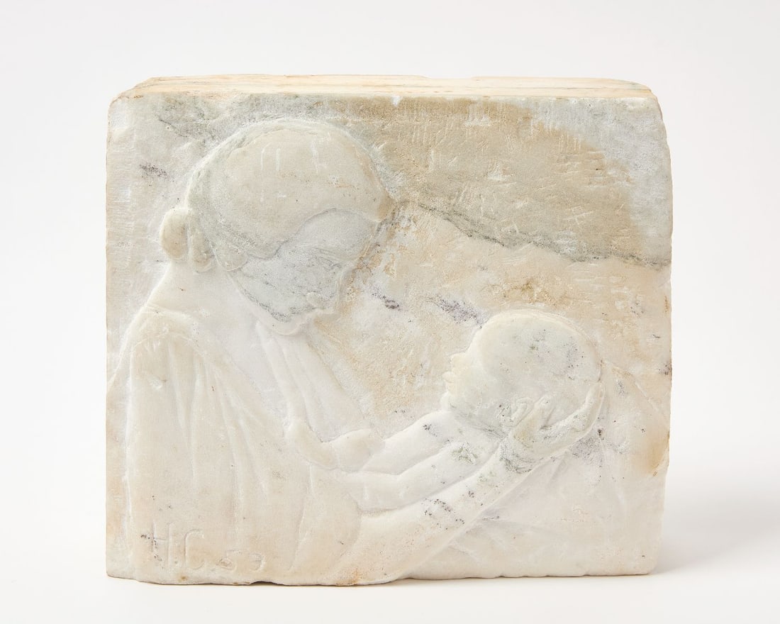 Marble Relief of Mother and Child: Marble relief of mother and child. Signed with initals 'HC' in LL and dated 1953. H 10-1/2 in. W 11-7/8 in. D 3-3/8 in.