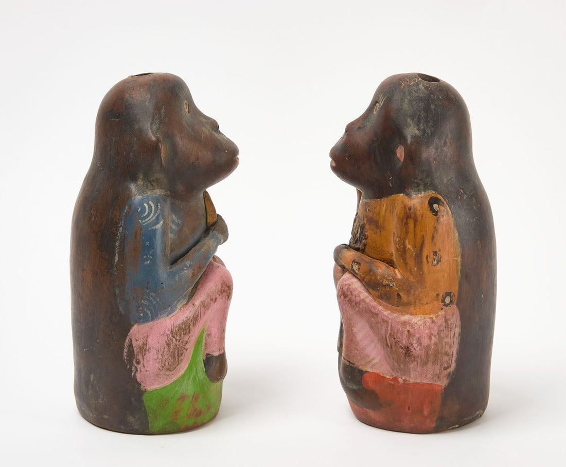 Pair of Painted Pottery Monkey Mezcal Bottles - 2
