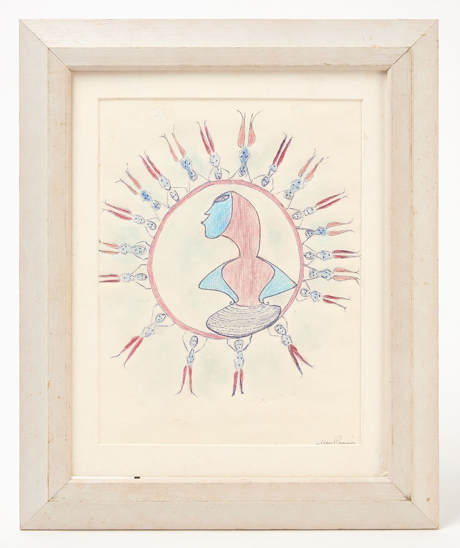 Max Romain - Untitled, Circle Dance: Max Romain (Haitian-American, b. 1930) - Untitled, Circle Dance. Pen and colored pencil on paper. Signed to LR. America, mid-20th century. Frame: H 17-1/8 in. W 14-1/8 in. Mat Opening: H 11-1/2 in. W