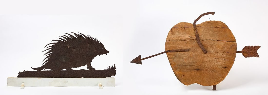 Porcupine and Apple Signs: One wrought-iron sign or silhouetted figure with porcupine in profile and later wood base, together with one wood carved apple sign and iron hardware with arrow. Porcupine: H 15 in. W 30 in.
