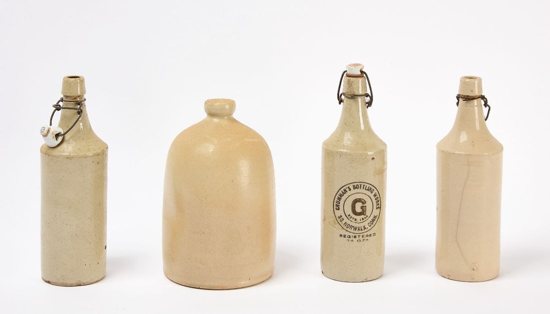 Three Norwalk Pottery Bottles and Chicken Feeder - 2