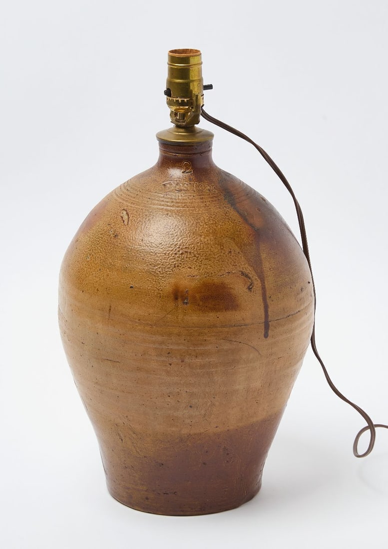 Boston Stoneware Jug Lamp: Stoneware ovoid form jug converted to lamp. No shade. Jug is stamped 'Boston'. American, early 20th century. H 17 in.