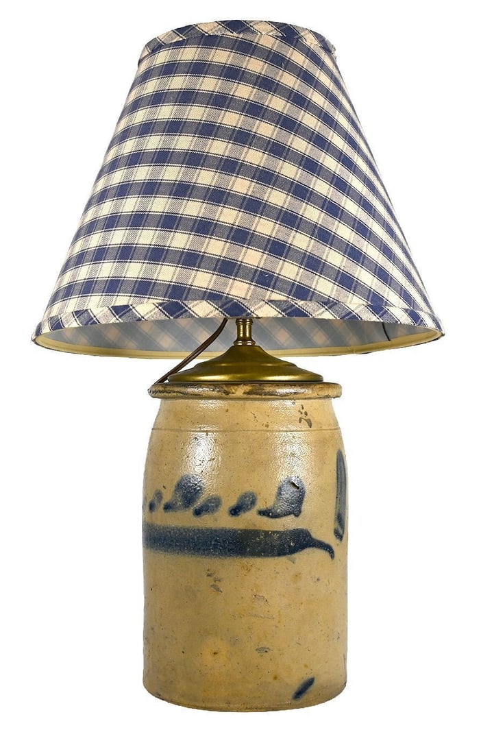 Country Converted Stoneware Vase Lamp: Country Converted Stoneware Vase Lamp with cobalt decoration. Custom lampshade with brass elements and finial. Untested. America, 19th to 20th century. Overall: 21-1/2 in. Stoneware Vase only: