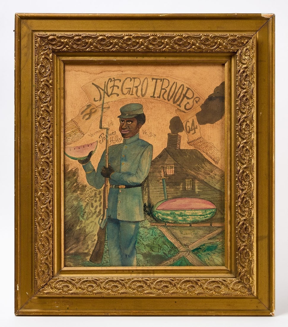 Outsider Art Watercolor of 'Negro Troops' by Antonio Romano: Outsider art 'Negro Troops' depicting a Negro soldier in a blue uniform. Watercolor and ink on paper. Attributed to Antonio Romano (1953–2017). Earlier repurposed antique