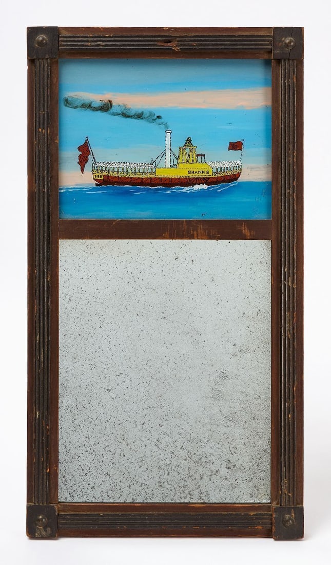 Reverse Painted Two-Part Mirror with Steamboat: Two part mirror with a reverse painted panel depicting the steamboat "SHANKS." Original mirror glass. Corner block frame. Mid to late 19th century. H 19-1/2 in. W 10-1/2 in.