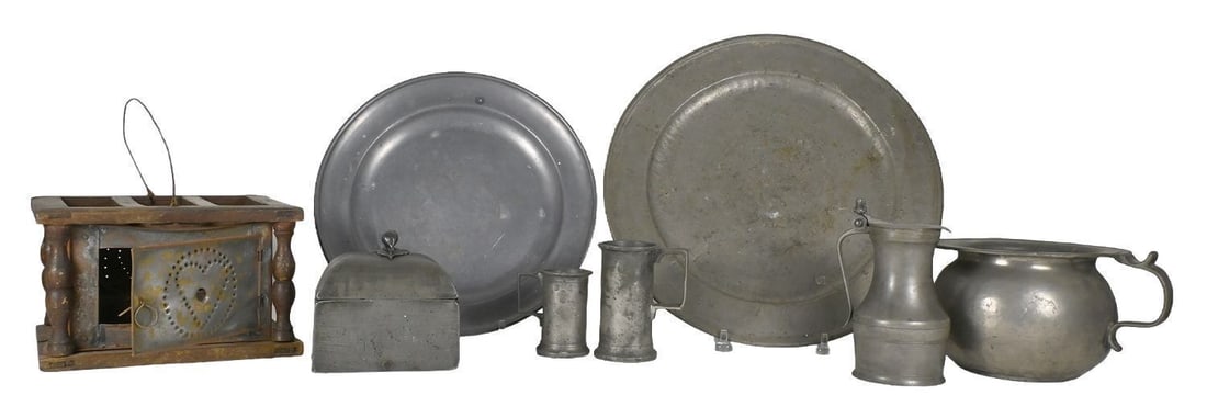 Group of Domestic Pewter Items: Group of Domest Pewter Items plus a foot warmer. Includes a total of 8 Items, maker's mark to underside to several pieces. Largest (Antique Platter): H 15-1/8 in. W 15-1/8 in. D 3/8 in. Smallest