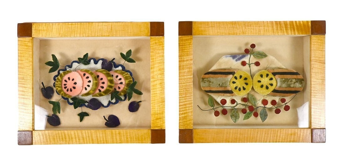 Pair of Velvet Fruit Shadow Box Sculptures in Tiger Maple Frames: Pair of velvet fruit shadow box sculptures by Brian White, titled "Garden Study--Beach Plum" and "Garden Study--Cherries." Sculpted and painted fabric fruit and foliage mounted