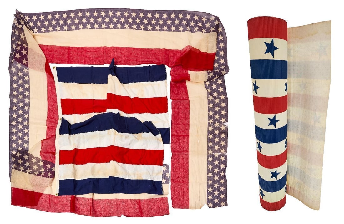 Two American Flags, Star Field Banner, and Patriotic Bunting: Group of patriotic items, four total. Comprising two flags with navy, white, red, white, and navy bar pattern; together with a long, sheer star field banner with numerous stars; and a roll of