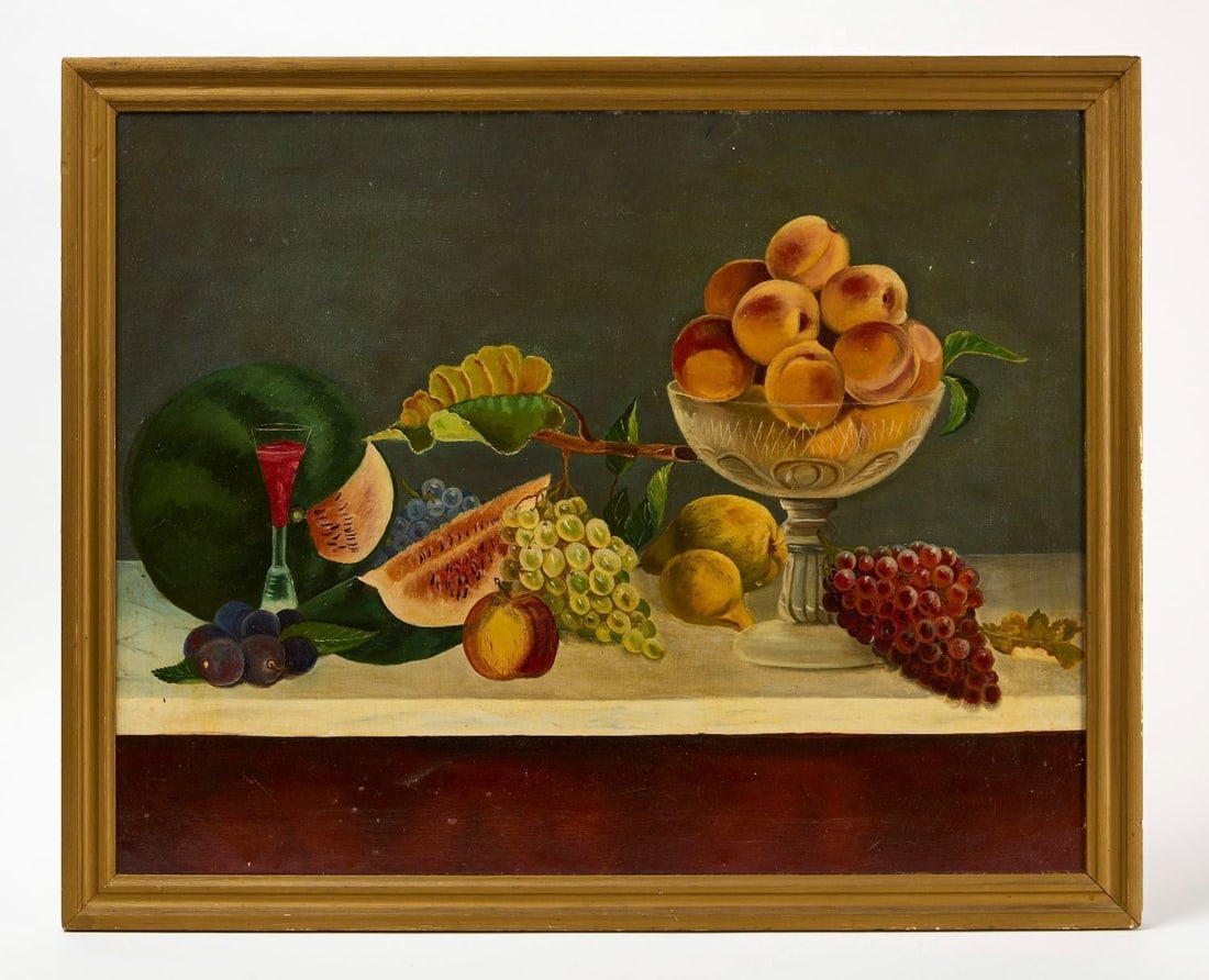 Folk Art Still Life: Folk art still life oil painting, unsigned. Oil on canvas, in gilt decorated frame. American, circa 1900. (Frame): L 24-1/2 in. W 30-1/2 in. (Canvas): L 22 in. W 28-1/4 in.