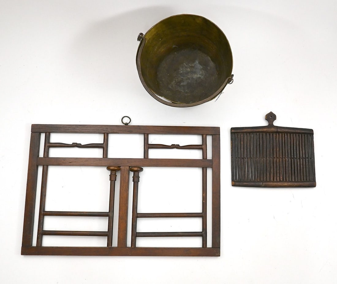 Folk Tape Loom, Wall Rack, and Brass Pail - 4
