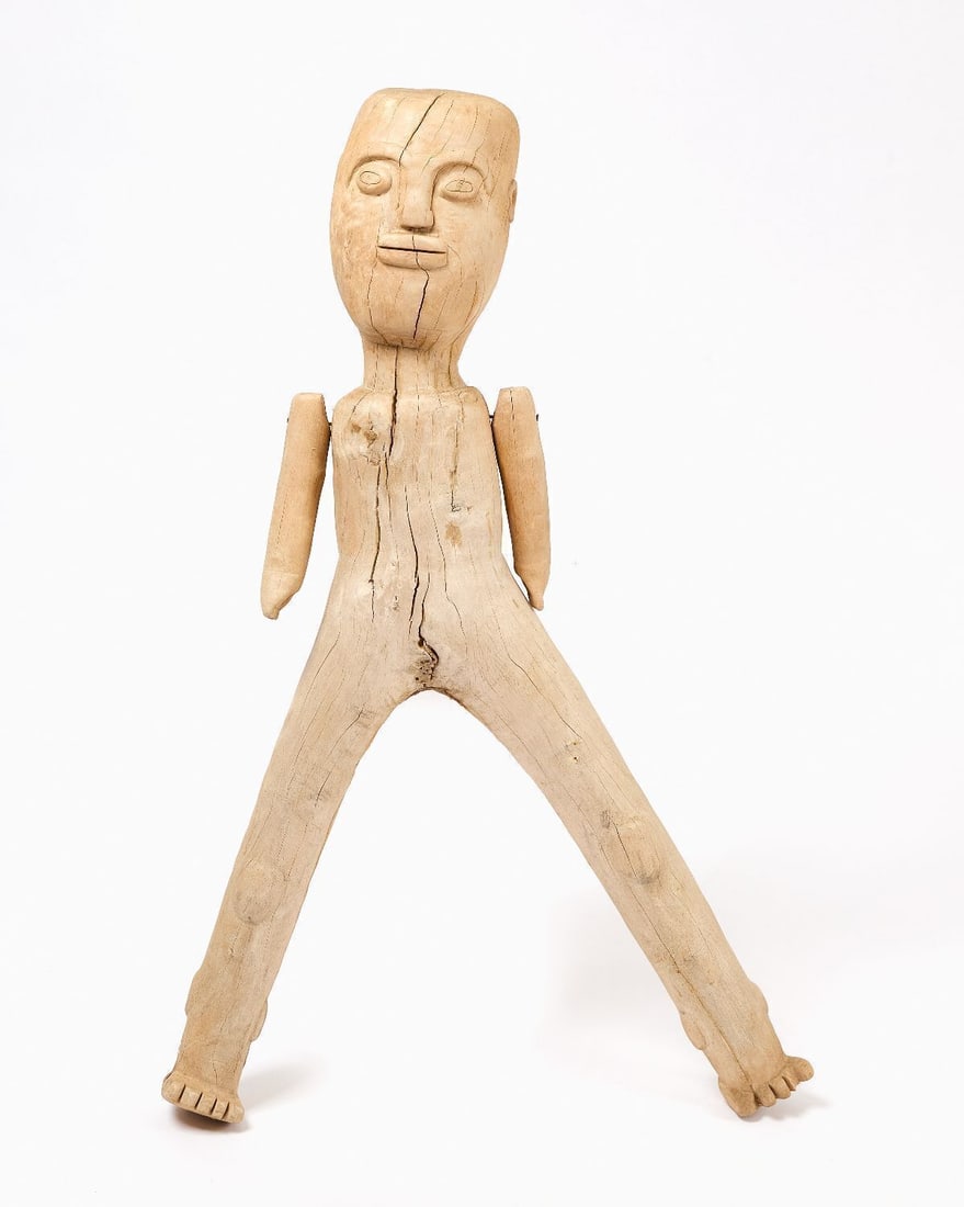 Carved Folk Art Figure: CArved folk art figure. Carved wood with nailed arms that can move. H 39-1/2 in. W 25 in.