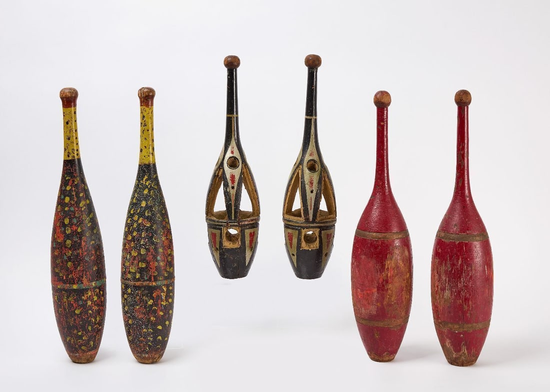 Three Pairs of Exercise Pins: Three pairs of exercise pins. Carved and painted wood. American, circa 1890. H 21 in., H 24 in. and 24 in. 