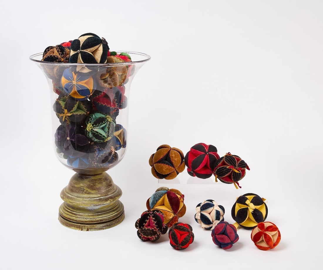 Large Group of Folk Puzzle Ball Pincushions in Glass Vase - 2