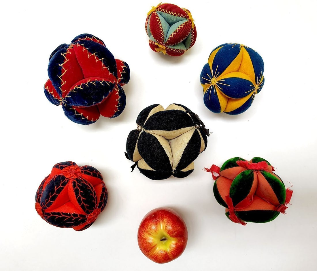 Large Group of Folk Puzzle Ball Pincushions in Glass Vase - 3