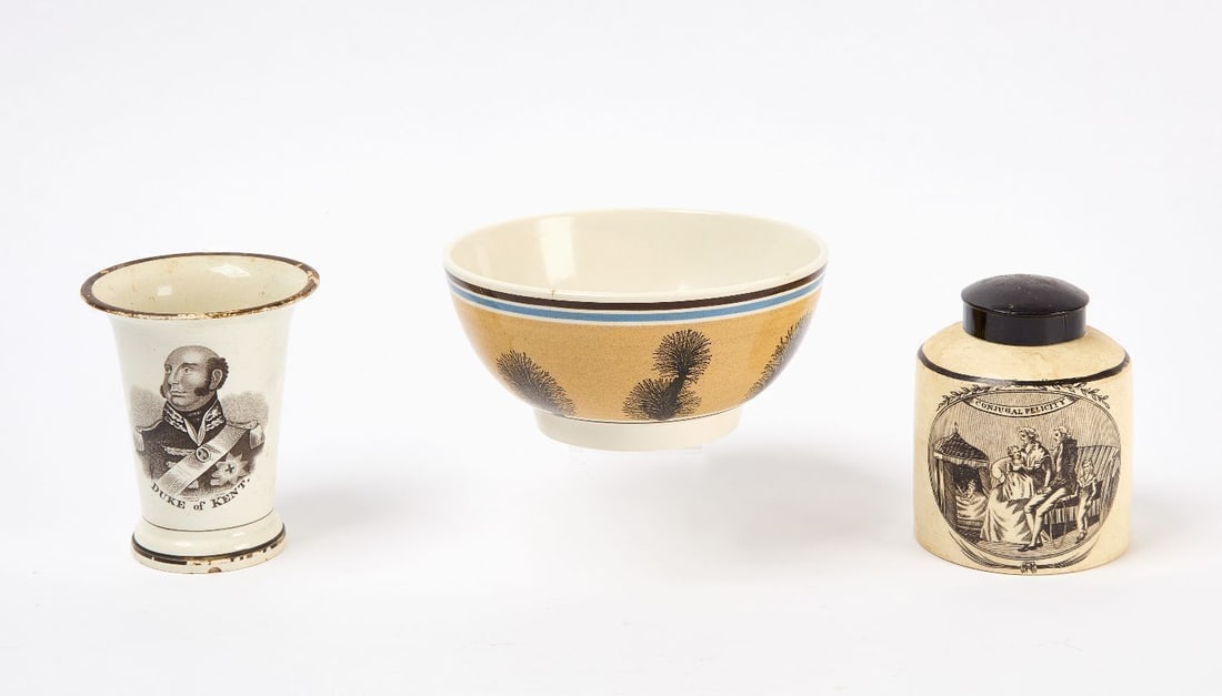 Creamware Tea Caddy and Vase with Mocha Ware Bowl (1 of 3)