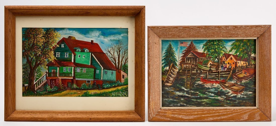 Two Works by Ludwik Adam Smialkowski: Ludwik Adam Smialkowski (1894–1975). Two works. Exterior view of a boating dock. Oil on board. Signed LR and dated 1939. Together with a exterior view of a house. Oil on board. Signed LR and