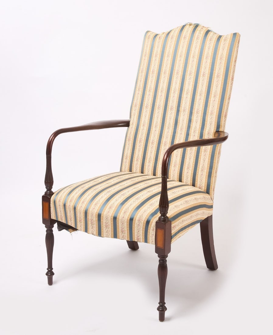 Centennial High Back Armchair: High-back bench made Sheraton armchair. Mahogany with satin wood inlay. Centennial, 19th century. H 45-1/2 in. W 25-3/8 in. D 30-1/2 in. SH 18 in.