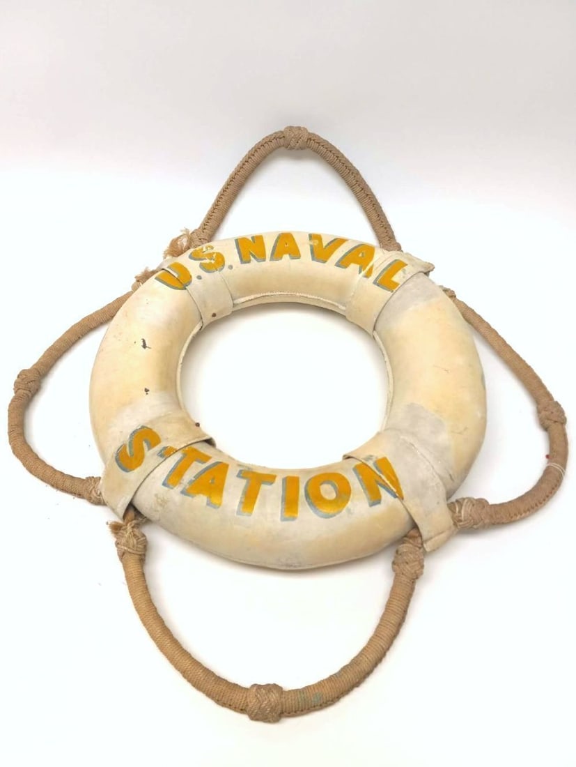 US Naval Station - USS Olympia Life Preserver: USS Olympia life preserver, US Naval Station. Original paint. Early to mid 20th century. Outer: D 25 in. Inner: D 14 in.