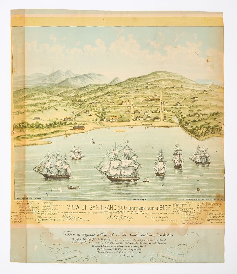 Capt. W.F. Swasey / Bosqui Engraving and Print Co. - "View of San Francisco, Formerly Yerba Buena,: "View of San Francisco, Formerly Yerba Buena, in 1846–7, Before the Discovery of Gold," San Francisco Bay, color bird's-eye view chromolithograph on cardstock, executed by the