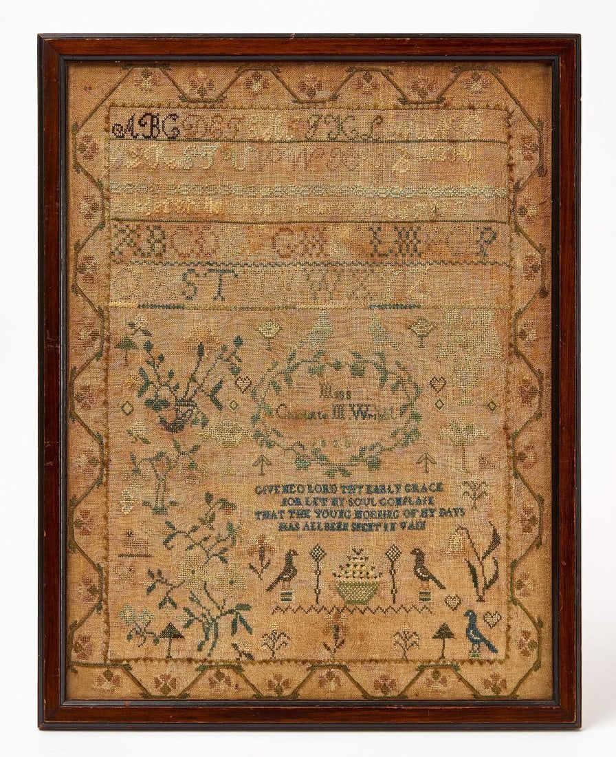 Needlework Sampler - Charlotte M. Wright, 1823: Needlework sampler wrought by Charlotte M. Wright in the year 1823. Needlepoint on linen. Depicts birds, florals, lions, monkeys, and similar motifs. Newer frame. Frame: H 23-1/4 in. W 18-1/4 in. Sigh