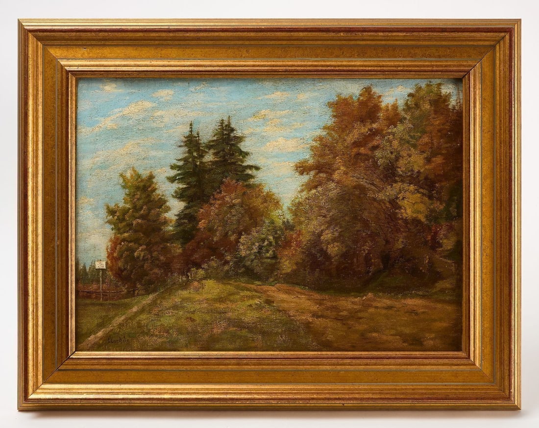 Autumn Landscape, Signed: Autumn landscape with dirt road winding through deciduous and evergreen trees. Oil on canvas, signed lower left, possibly "A. Laedele" in modern frame. American, 19th century. Canvas:
