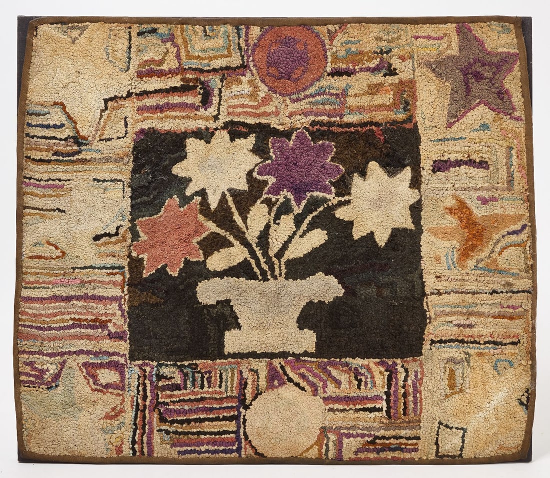 Hooked Rug with Pot of Flowers and Stars: Hooked rug with abstract central pot of flowers, with circles and stars. Professionally stitch-mounted. American, circa 1900. H 37 in. W 41-1/2 in. 