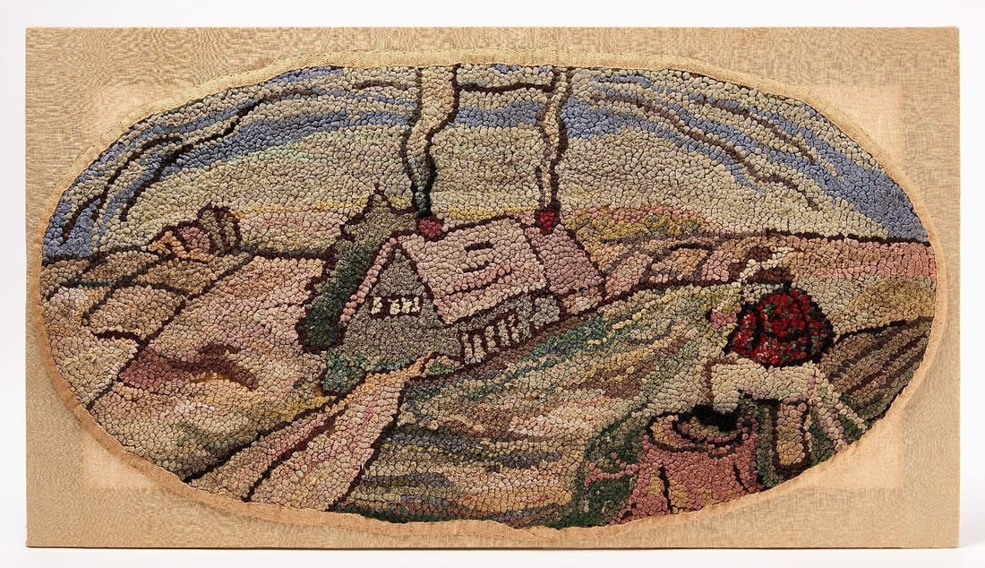 Hooked Rug with Cottage: Hook rug depicting a cottage scene with a figure. H 20 in. W 35-3/4 in.