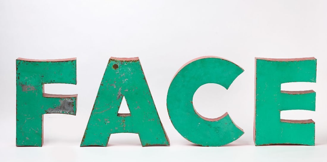 Set of Metal Letters - F, A, C, E: Metal letters spelling " FACE " with original paint. Each: H 18-1/2 in.