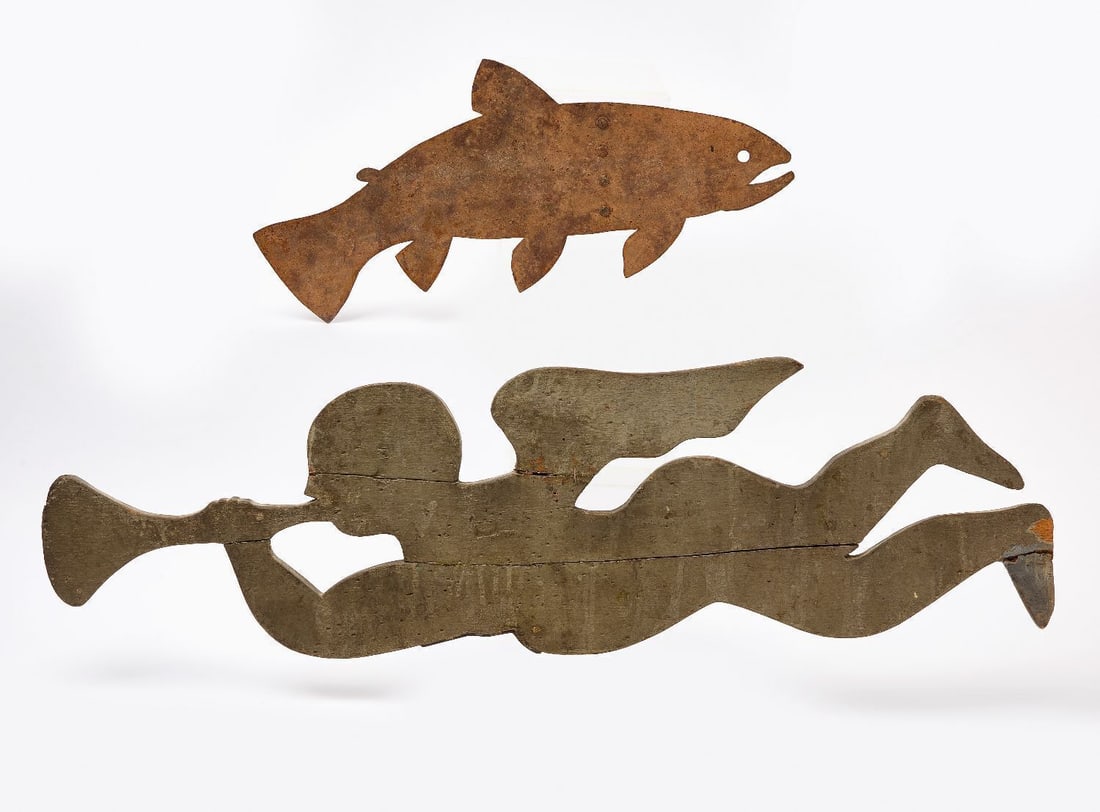 Two Weathervanes: Two weathervanes. metal fish and wooden angel figure (angel Gabriel with trumpet). American, early to Mid 20th century. Fish: L 20-1/2 in. Angel: L 37 in.