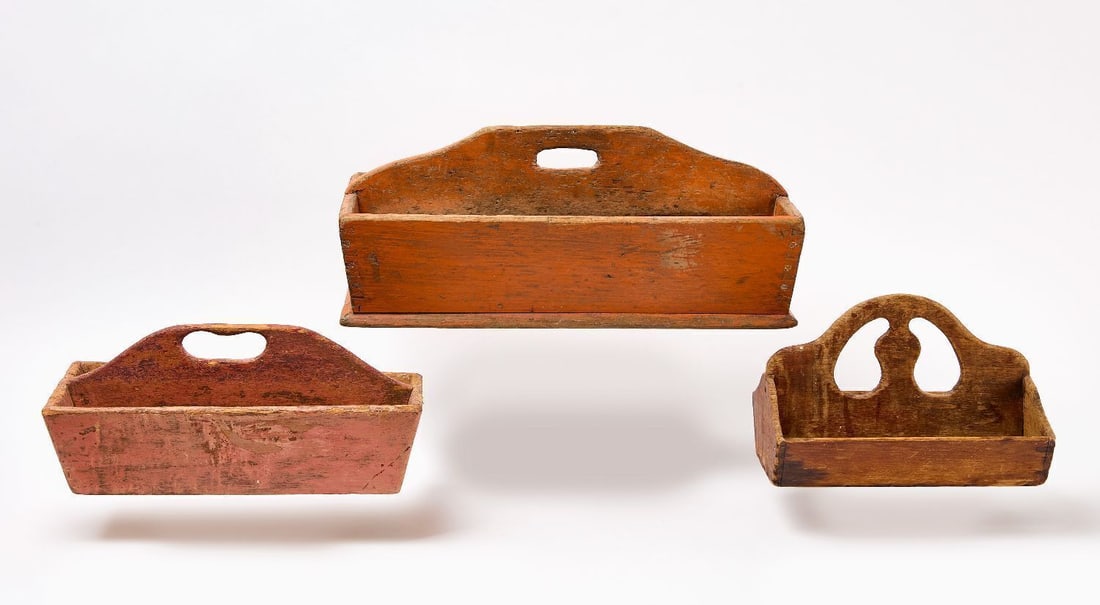Three Knife Trays: Three knife wooden trays. Two in paint. American, Early 20th century. H 8 in. L 20 in. W 11-1/4 in. H 6 in. L 14-3/4 in. W 8-1/2 in. H 7-1/2 in. L 11 in. W 8-1/2 in.