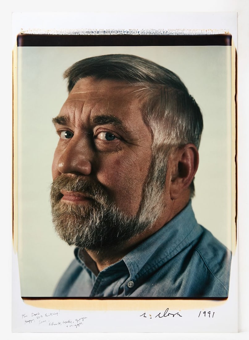 Chuck Close - Polaroid Portrait of David Pease: Chuck Close (American, 1940--2021), Chromogenic or gelatin silver polaroid portrait of David Pease, signed and dated 1991 lower right; inscribed lower left "For David / Happy 60th Birthday! Love,