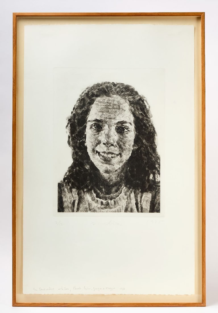 Chuck Close - 'Georgia' 1985,: Chuck Close (American, b. 1940), Thumbprint Portrait of "Georgia," 1985. Etching with aquatint, the composition created from the artist's thumbprint impressions in Close's signature grid-resolved