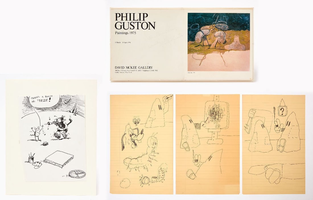 Philip Guston - Group of Four Works on Paper with Signed Gallery Poster: Philip Guston (Canadian/American, 1913–1980), group of four works on paper. Three ink drawings on yellow legal pad paper depicting signature late-period motifs including hooded ghost figures,