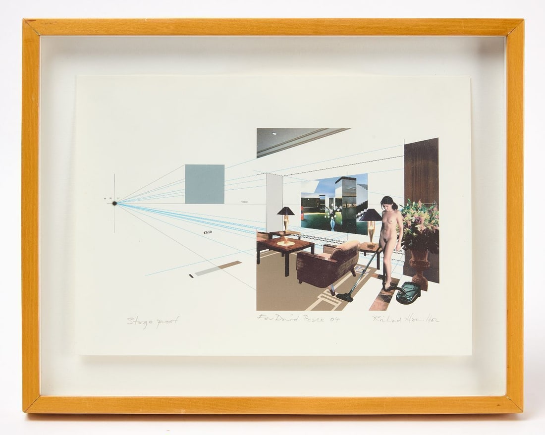 Richard Hamilton - 'Stage Proof': Richard Hamilton (British, 1922--2011), color print on paper, inscribed "For David Pease 04" bottom center and "Stage proof" bottom left. Paper: H 8-1/4 x W 11-1/2 in.; Frame: H