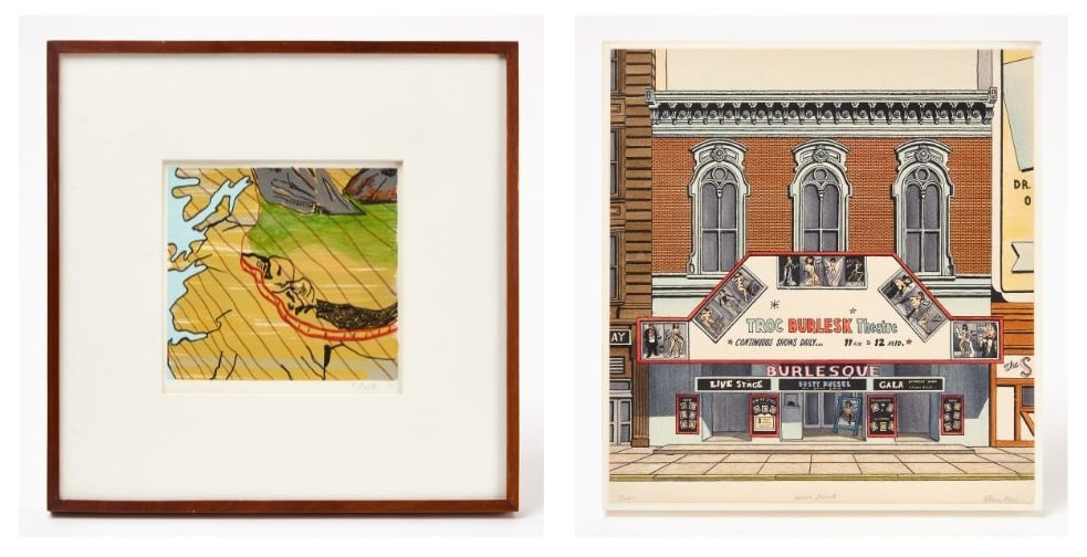 Allen Koss and Frances Barth - Two Works on Paper: Two Works on Paper comprising, Allen Koss (American, 1931–1998), "Troc" mixed media on paper depicting the facade of the Trocadero Burlesque Theatre, Philadelphia, with the marquee
