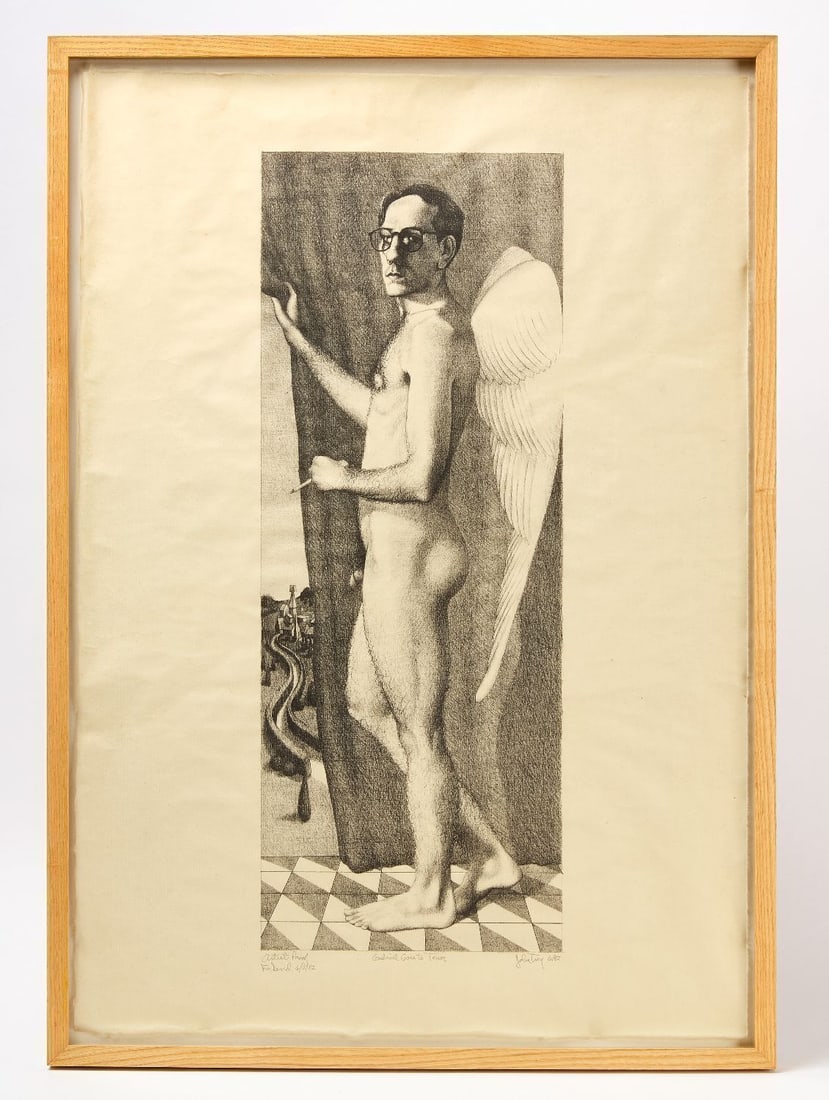 John Troy - 'Gabriel Goes to Town': John Troy (American), "Gabriel Goes to Town." Print on wove paper, depicting a standing male angel with glasses and wings, nude, drawing back a curtain to reveal a town beyond; inscribed