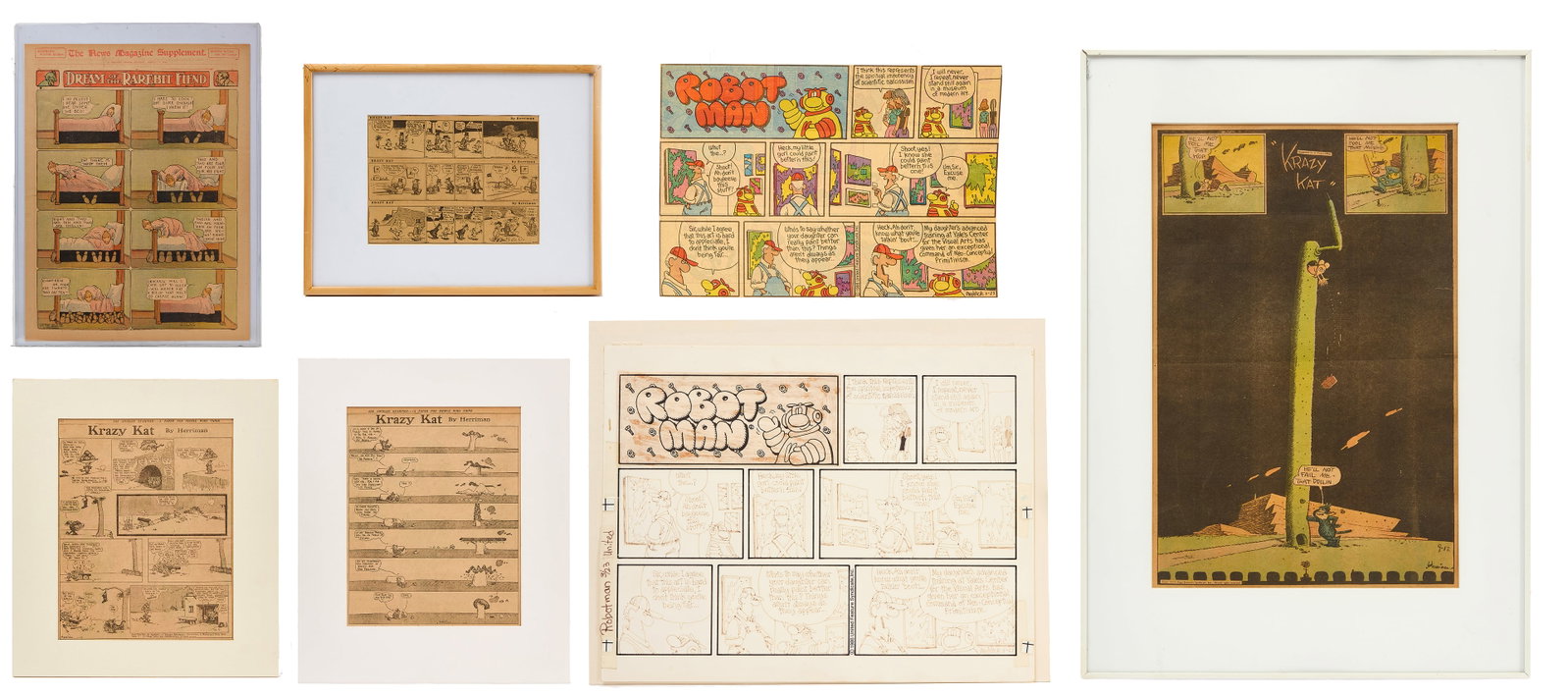 Group of Comic Strip Clippings - Including works by George Herriman and Winsor McCay: Group of seven comic strip works and clippings cut from newspaper, comprising: three daily Krazy Kat strips by George Herriman (American, 1880--1944), one dated 1918 and one dated March 2, 1919,