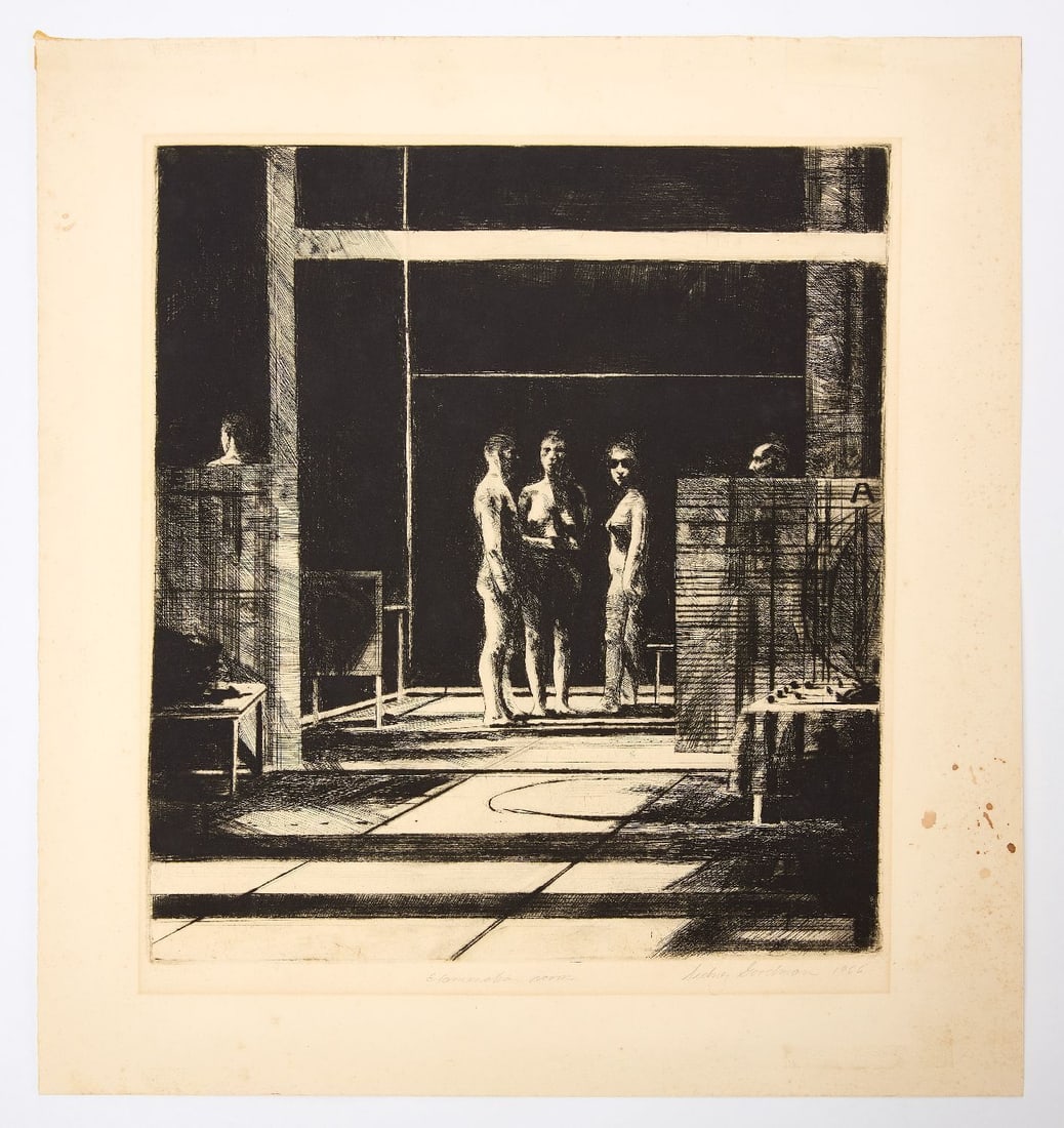 Sidney Goodman - 'Examination Room': Sidney Goodman (American, 1936–2013), Examination Room, 1966. Etching, signed and dated in pencil lower right, titled lower left. H 19 in. W 17-3/4 in. About the Artist: Philadelphia artist