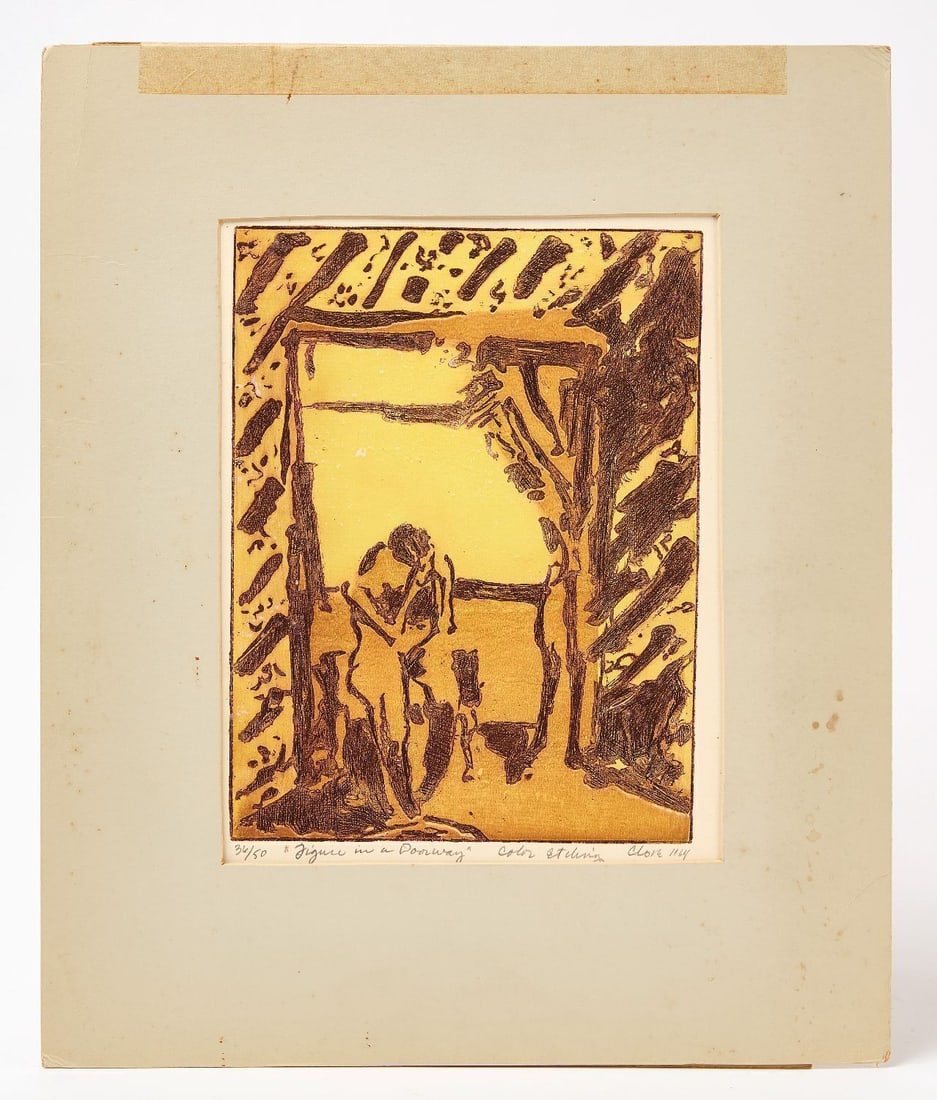 Chuck Close - 'Figure in a Doorway', 1964: Chuck Close (American, 1940--2021), 'Figure in a Doorway'. Color etching, numbered 36/50 and signed "Close" lower right, dated 1964; an exceptionally rare early work, likely pro
