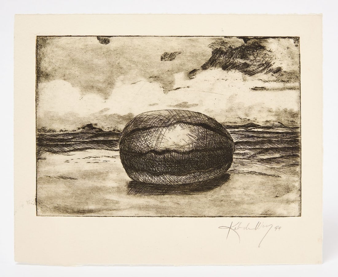 Kehinde Wiley - Watermelon Landscape, 1999: Kehinde Wiley (American, b. 1977), watermelon in a landscape with storm clouds. Etching, signed "Kehinde Wiley 99" lower right; with plate mark. A rare early work produced during the artist&