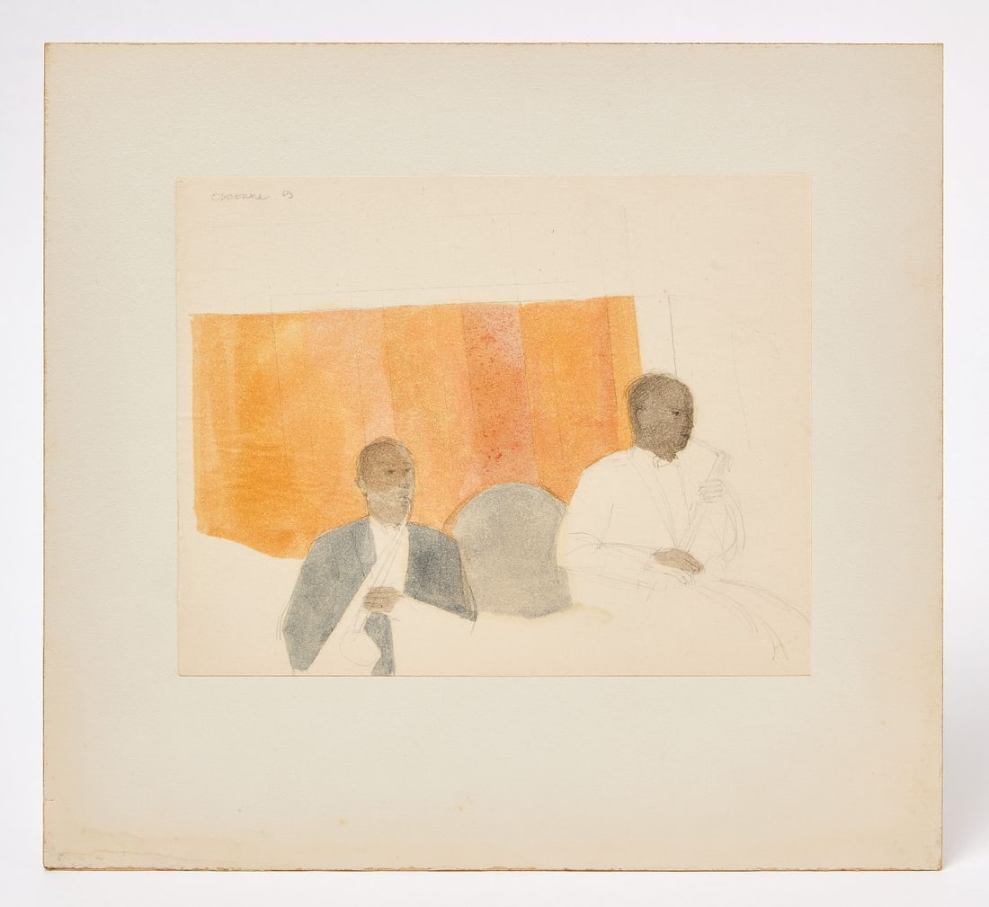 Elizabeth Osborne - 'Two Musicians', 1963: Elizabeth Osborne (American, b. 1936), Two Musicians. Watercolor and graphite on paper, signed and dated "OSBORNE 63" upper left; laid on cardboard. Paper: H 7-3/4 x W 9-3/4 in.; cardboard: