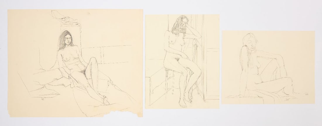 Larry Day - Three Studio Nude Drawings: Larry Day (American, 1921–1998), three studio nude figure drawings on paper, signed "Day" lower right; n.d. Largest: H 20 x W 15-1/2 in. Provenance: Estate of David and Julie Pease. Ab
