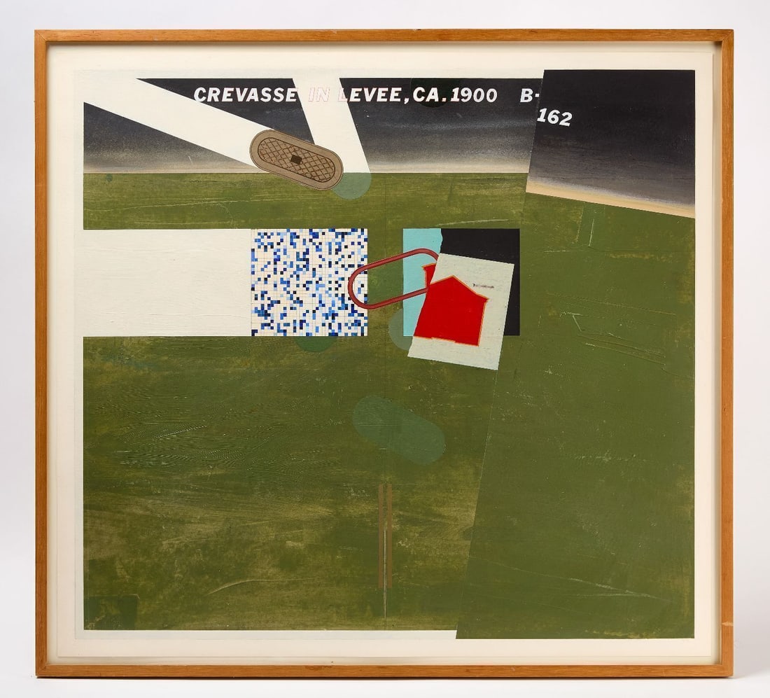 David Pease - 'NOLA I: Jelly Roll': David Pease (American, 1932–2018), 'NOLA I: Jelly Roll'', 1995. Mixed media on paper, with "Crevasse in Leeve, CA. 1900 B-162" at the top center. Unsigned, bears title and