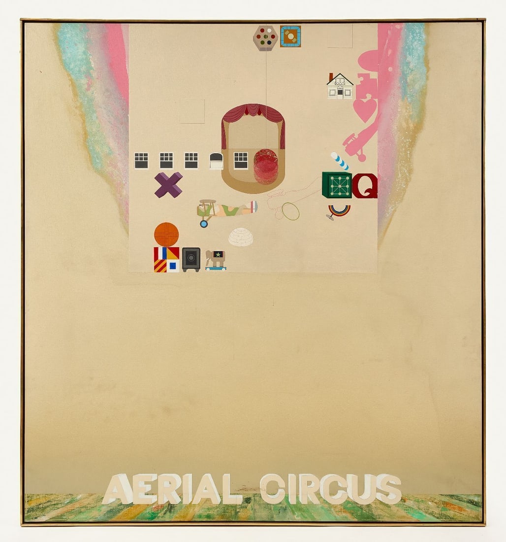 David Pease - 'Aeriel Circus': David Pease (American, 1932–2018), Aeriel Circus, 1971. Oil on canvas. Signed and dated on verso. H 73-1/4 in. W 67-1/4 in. Provenance: Estate of David and Julie Pease.