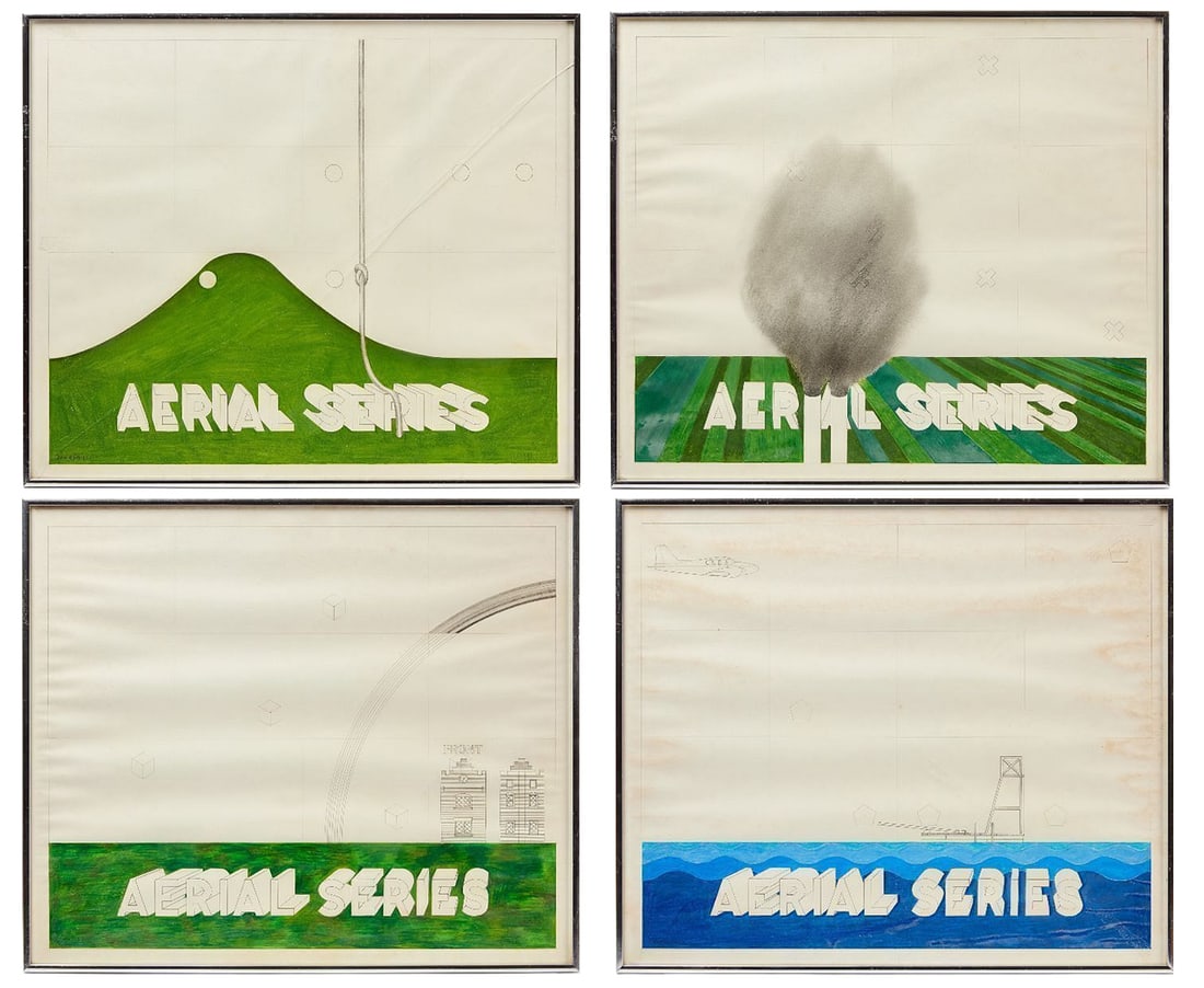 David Pease - Four 'Aerial Series' Works: David Pease (American, 1932–2018), Four 'Aerial Series' Works. Mixed Media on paper. Three signed lower left. Work depicting a green hill with signature and date on verso.