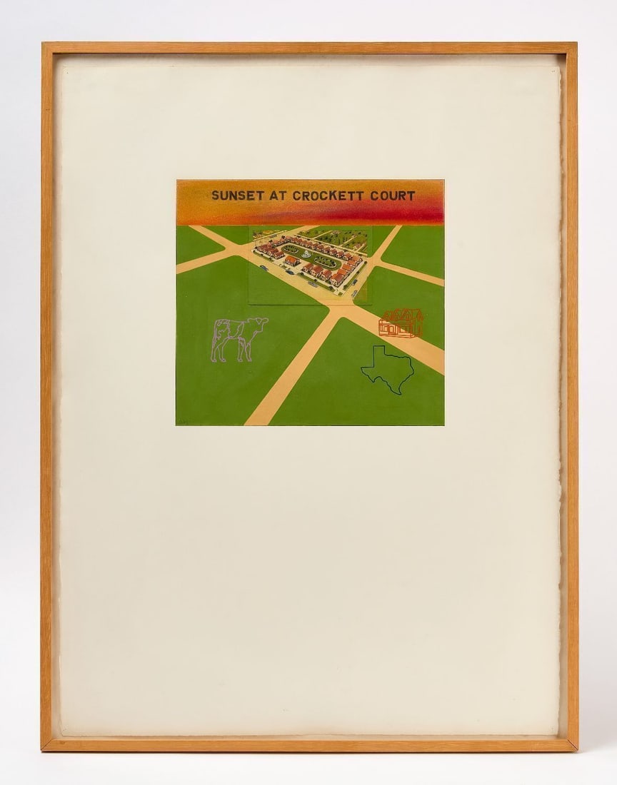 David Pease - Sunset at Crockett Court: David Pease (American, 1932–2018), 'Sunset at Crockett Court' 1974. Mixed media work centering a postcard of a neighborhood, featuring a cow, Texas state, and house motifs. Goache and